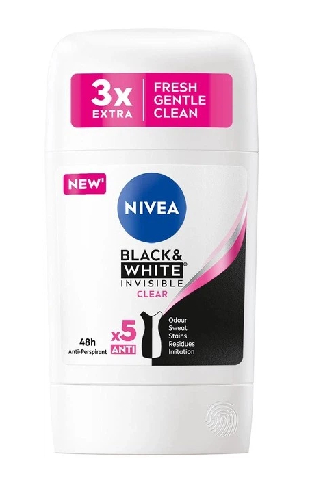 Антиперспірант Стік Nivea Black&White Invisible Clear 48h Antipersipant 3x Extra Fresh Gentle Нівеа Біле-Чорне Невидимий 50мл