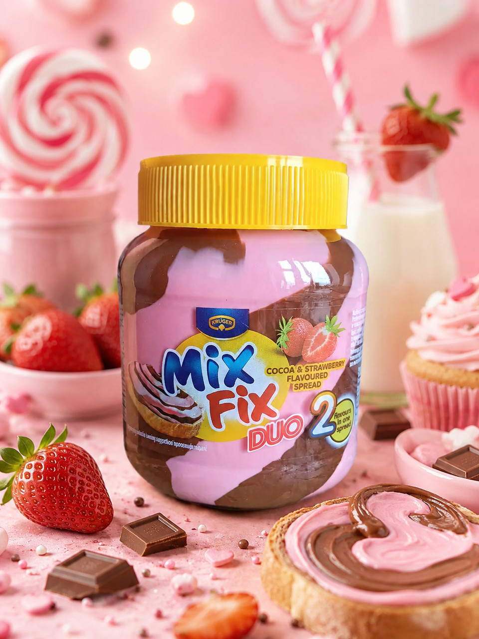 Шоколадна крем Паста полосата Kruger Mix Fix Duo2 Cocoa&Strawberry Flavoured Spread Крюгер Мікс Фікс смак какао з Полуницею 350г