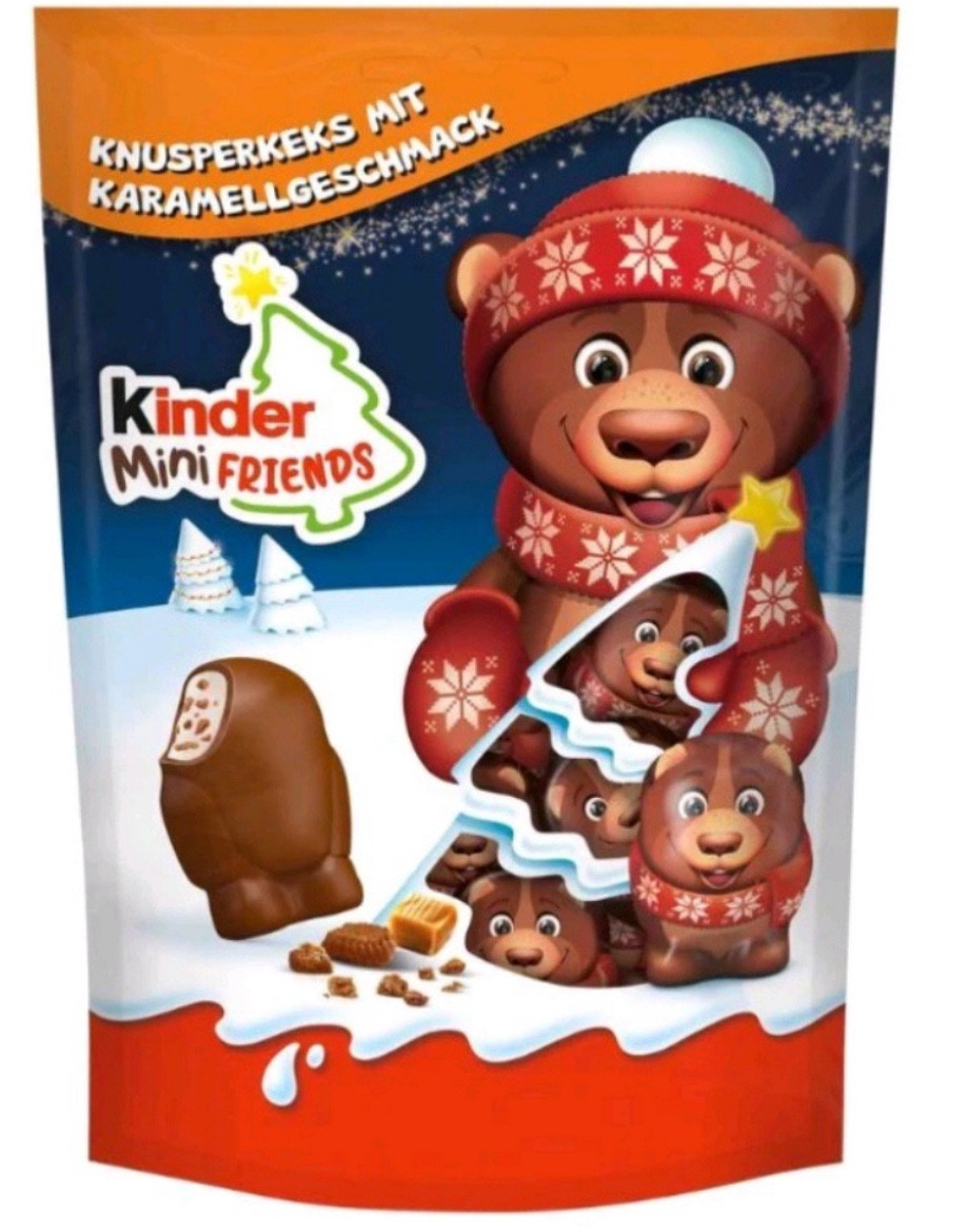 Подарунок Новорічний Цукерки з хрустким печивом зі смаком карамелі Kinder Chocolate Mini Friends Ведмедики 18шт 122г