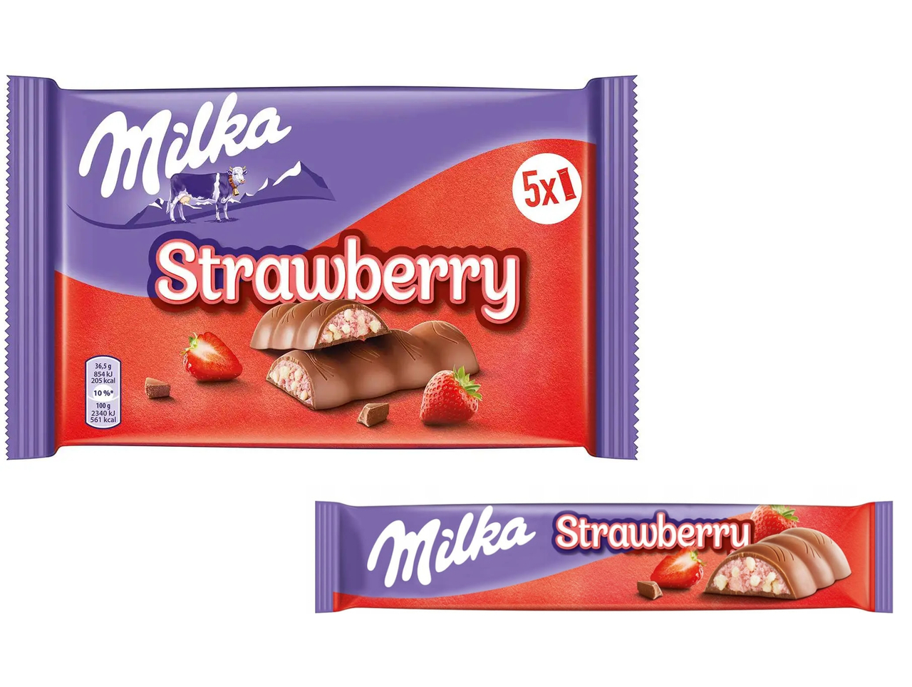 Батончики з молочного шоколаду Milka Strawberry Riegel з начинкою із полуничного та вершкового крему з злаками 5шт 182г