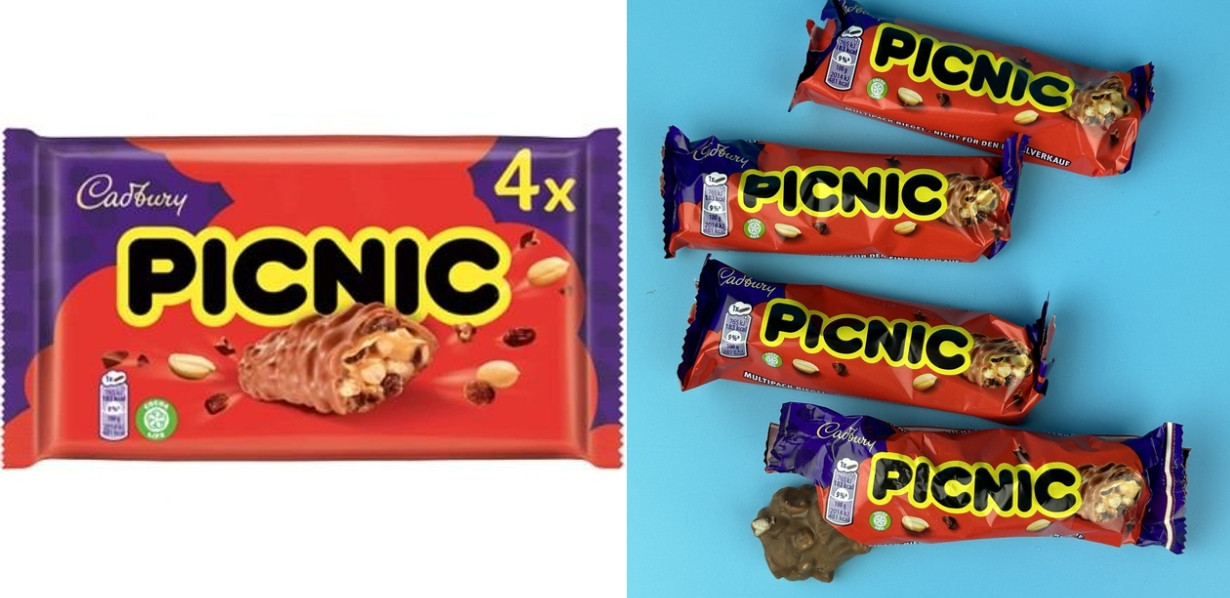 Батончики з молочного шоколаду Cadbury Picnic Riegel Bars Mix з начинкою із арахісу родзинками та злаків 4шт 152г