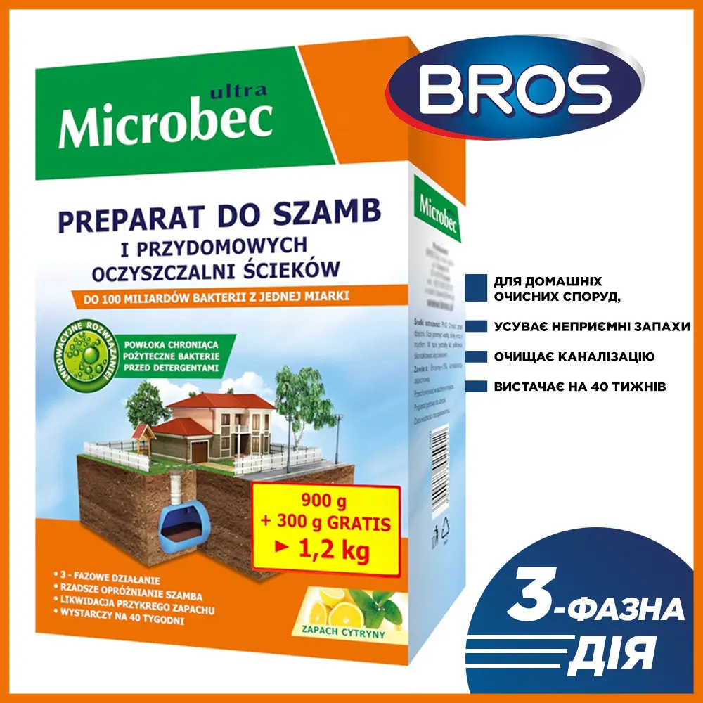 Препарат для септиків, вигрібних ям та дворових туалетів Bros Microbec Ultra (18 шт х 25 г) 450 г. (Лимон)