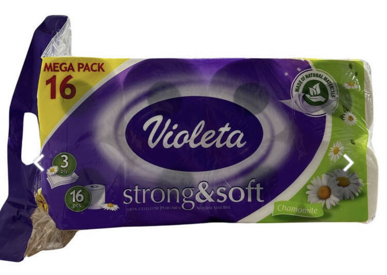 Туалетний папір Violeta з ароматом ромашки . Трьох шаровий туалетний папір , в упаковці 16 рулонів.