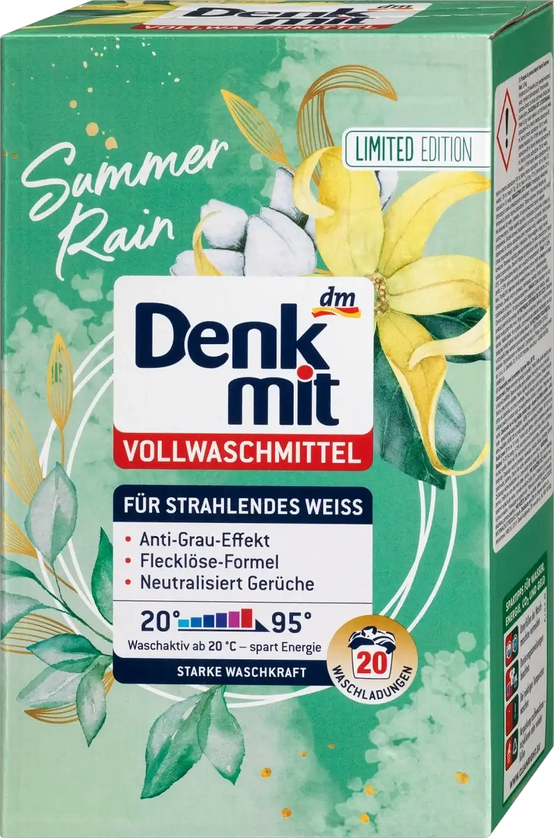 Потужний пральний порошок для прання білих речей Denkmit Summer Rain, на 20 прань, 1.3 кг