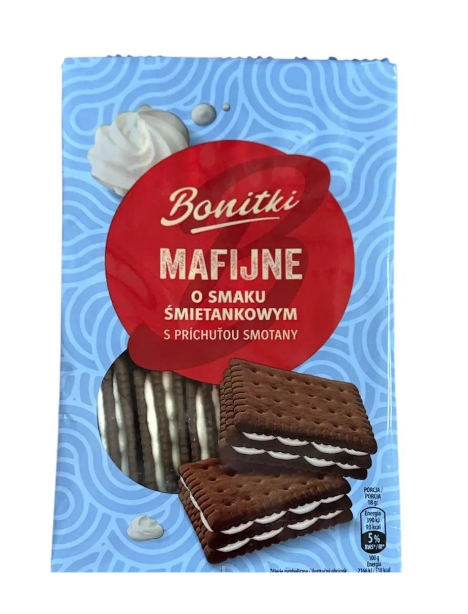 Печиво Мафіни Сендвіч Biedronka Bonitki Mafijne smaku Smietankowym Cacao Боніткі Какао з Вершковим кремом потрійні 18шт 330г