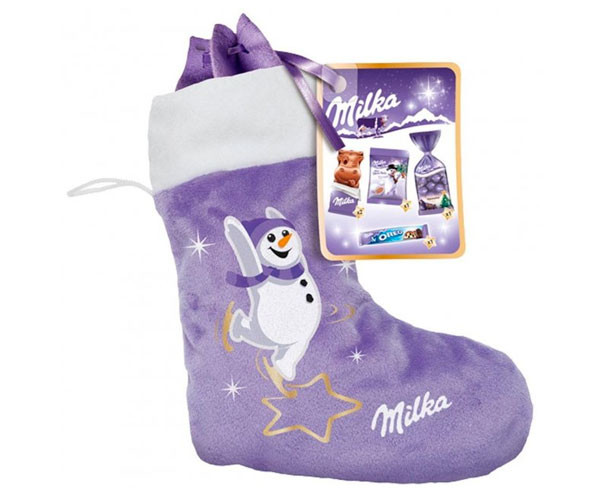 Набір Подарунок Новорічна Шкарпетка з підвіскою Milka Christmas Sock Шоколадні цукерки Сніговик Дитячий 196г