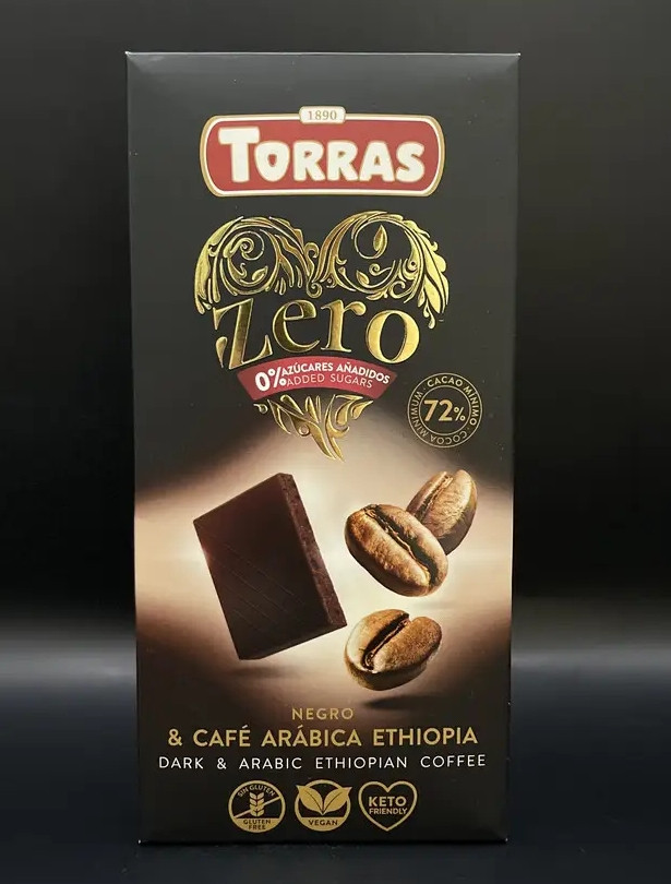 Шоколад Чорний без Глютену Torras Zero Dark&Arabic Ethiopian Coffee Chocolate 72% Cacao Торас Зеро Чорний з Кавою Арабіка 100г