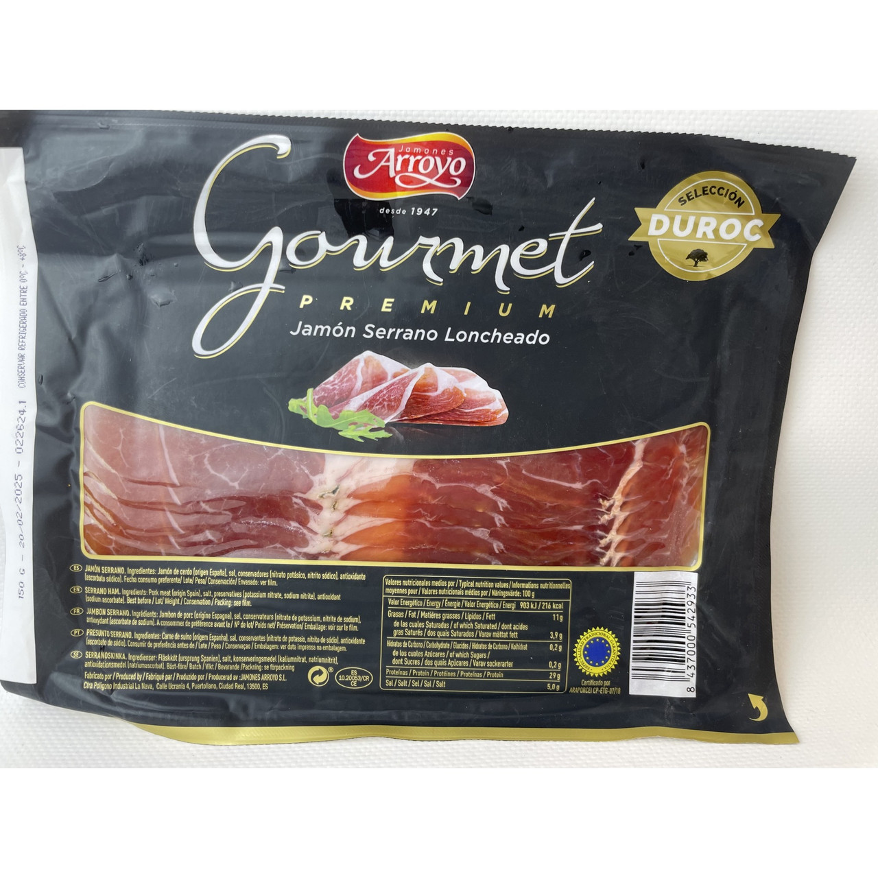 Хамон слайси Мясо іспанська свинина Arroyo Gourmet Jamon Serrano Loncheado Premium Аройо Серрано Преміум Нарізка 150г