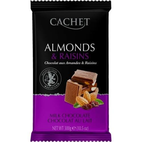 Молочний шоколад Cachet Мигдаль та Ізюм 300 г ( 35 % какао )