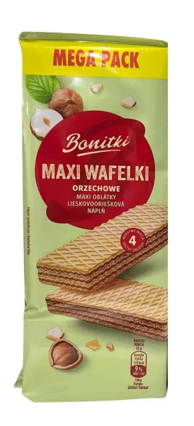 Вафлі солодкі Biedronka Bonitki Maxi Wafelki Mega Pack Orzechowe Боніткі з фундуком 10шт 450г - 1
