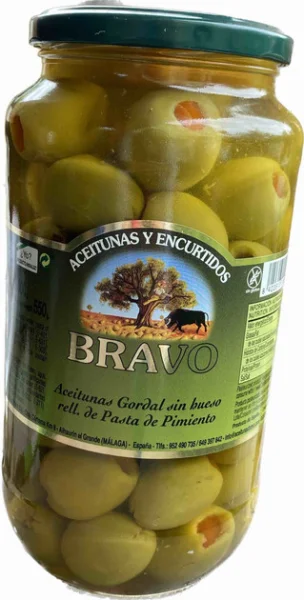 Оливки Гордаль з Перцем Bravo Encurtidos Aceitunas Gordal rellenas pimiento Браво Гігантські без кісточок фаршировані Банка 1000г - 1
