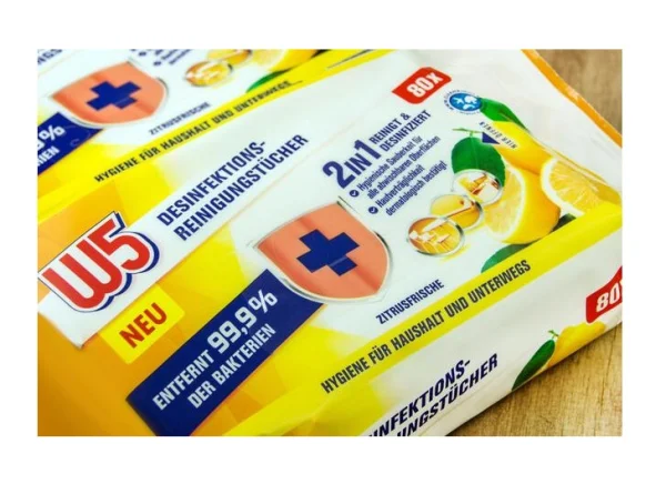 Серветки вологі для Прибирання Універсальні W5 Desinfektions Reinigungstücher 2in1 Lemon В5 Очищення Дезинфекція Лимон Клапан 80шт - 2