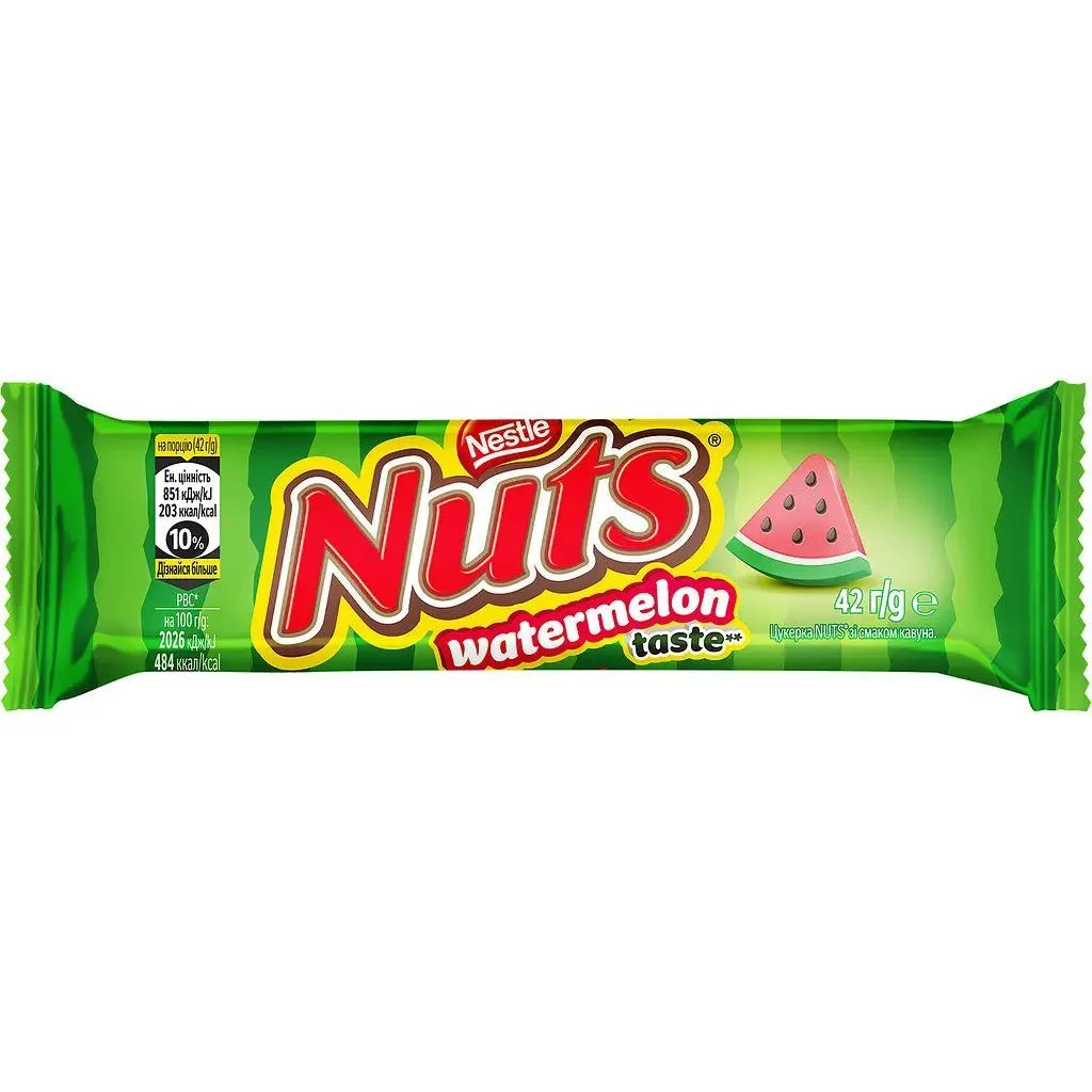 Шоколадний батончик Nestle Nuts Watermelon Hazelnuts Нестлє Натс шоколадний Бар з смаком Кавуна та цілими лісовими горіхами 42г