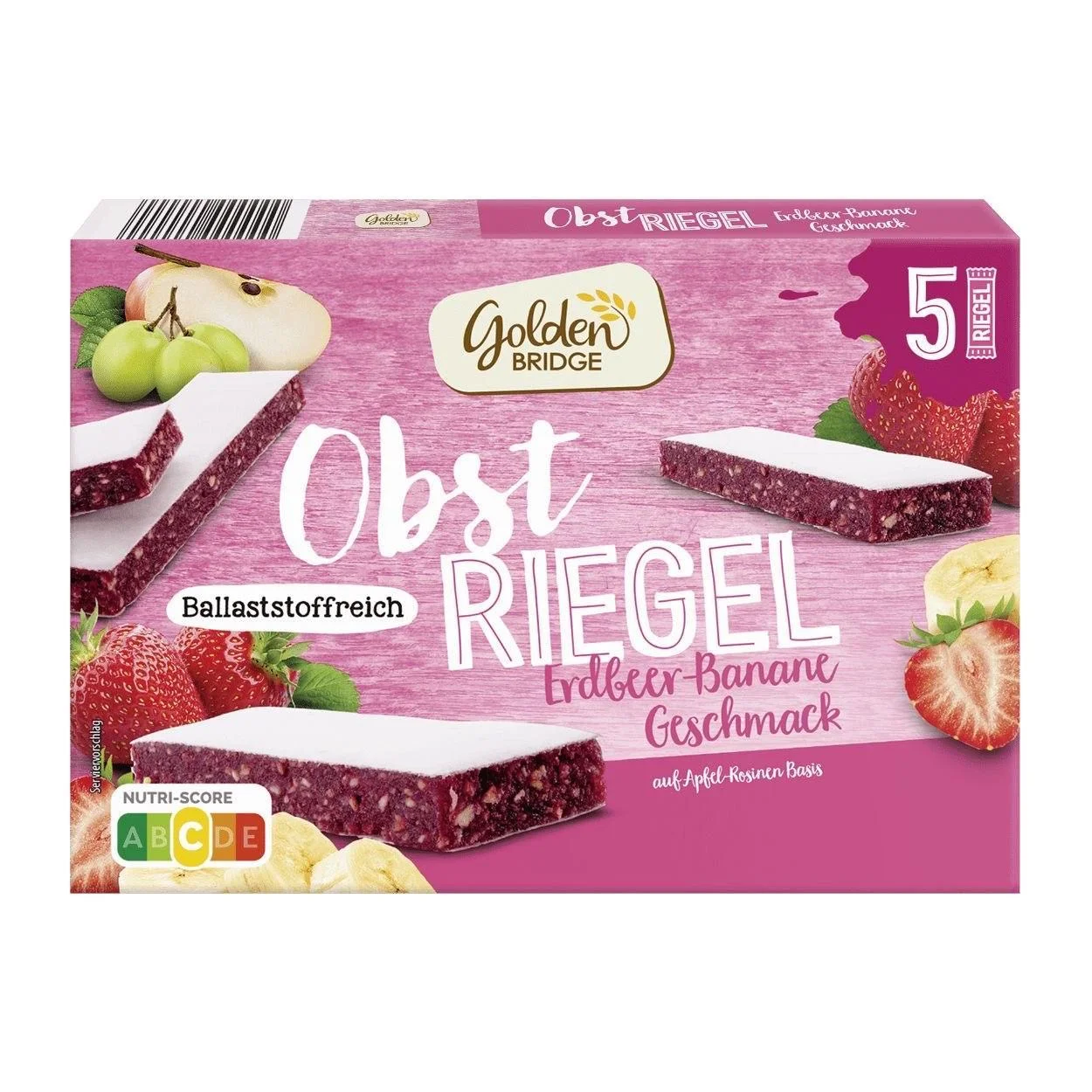 Батончики фруктові пастіла Без цукру Golden Bridge Obst Riegel Fruit Snack Strawberry Banana снеки Полуниця Банан 5шт 150г