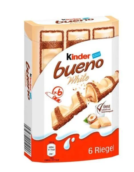 Шоколадно-вафельні батончики Kinder Bueno White Haselnuss Кіндер з білого шоколаду з молочним кремом 6шт коробка 129г - 1