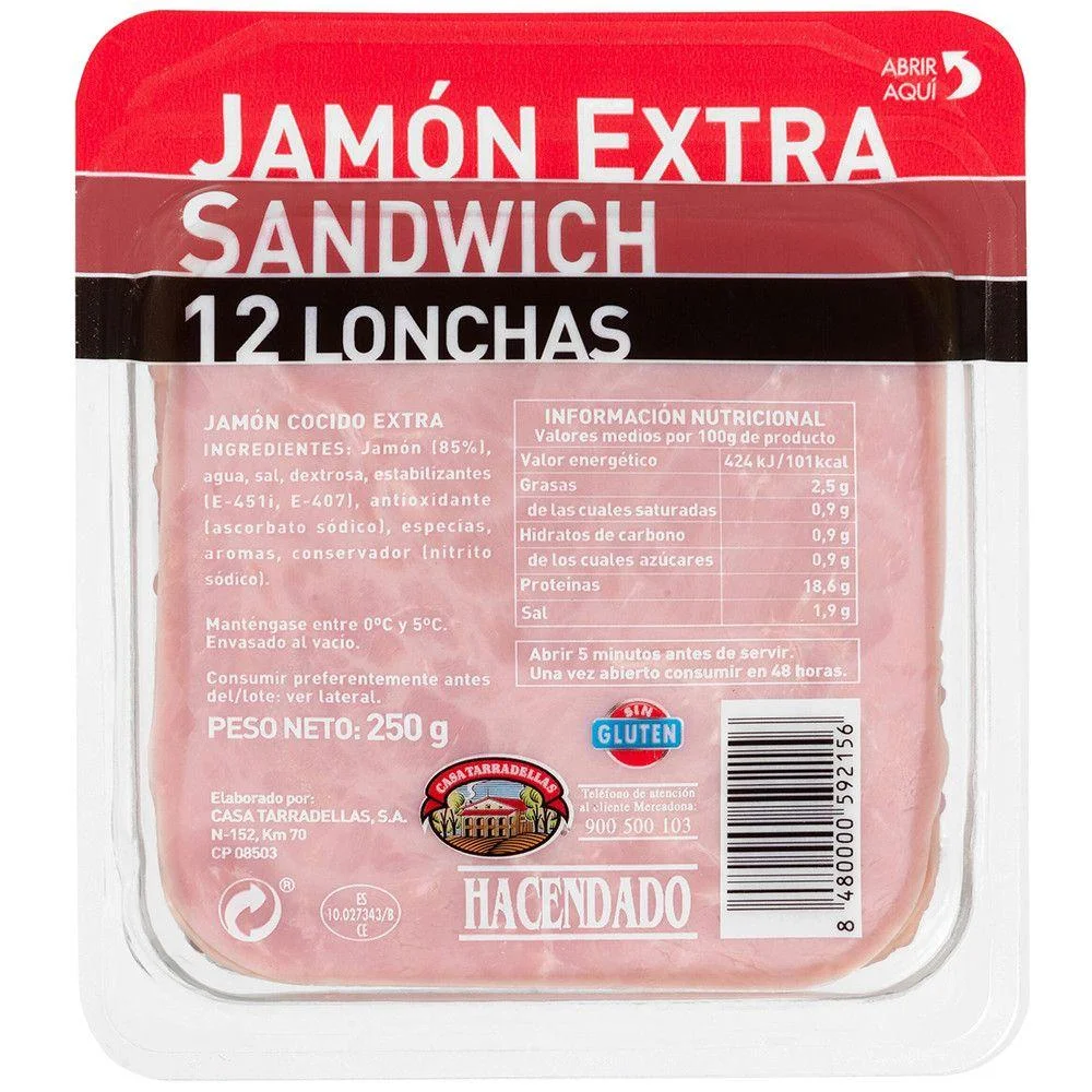 Хамон варений з свинини тостовий Jamon Cocido extra Sandwich Хасендадо бутербродний Слайси 12шт Блістер 250г