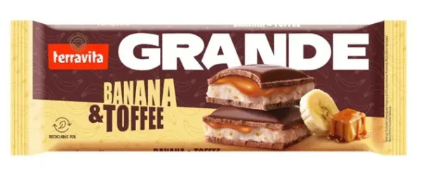 Шоколад сендвіч Terravita Grande Banana&Toffee Теравіта молочний плитка Шматочки банана та карамель Тоффі Гранде Велика 235г - 2