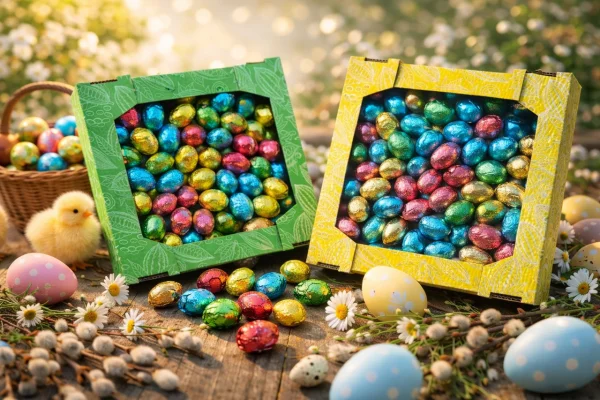 Яйця Шоколадні вагові Великодні Baron Easter Chocolate Eggs Барон Пасхальні в фользі з праліне Асорті Коробка екран Жовта 2000г - 2
