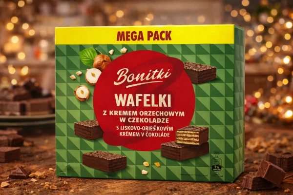 Вафлі шоколадні вагові Bonitki Wafelki z kremem Orzechowym w czekoladzie Mega pack Боніткі з лісовим горіхом Коробка 600г - 1
