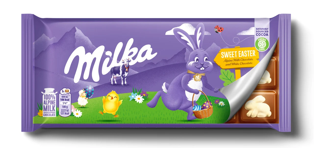Шоколад молочний Milka Sweet Easter Мілка з фігурками Пасхального Кролика з білого шоколаду Плитка 90г