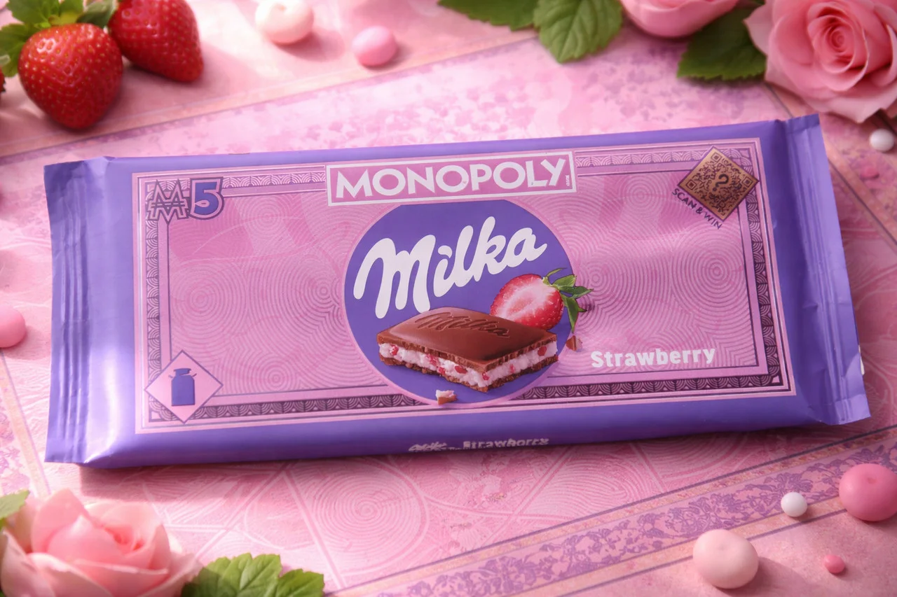 Шоколад молочний плитка Milka Monopoly game Series Мілка Монополія з полуничною начинкою Плитка 90г