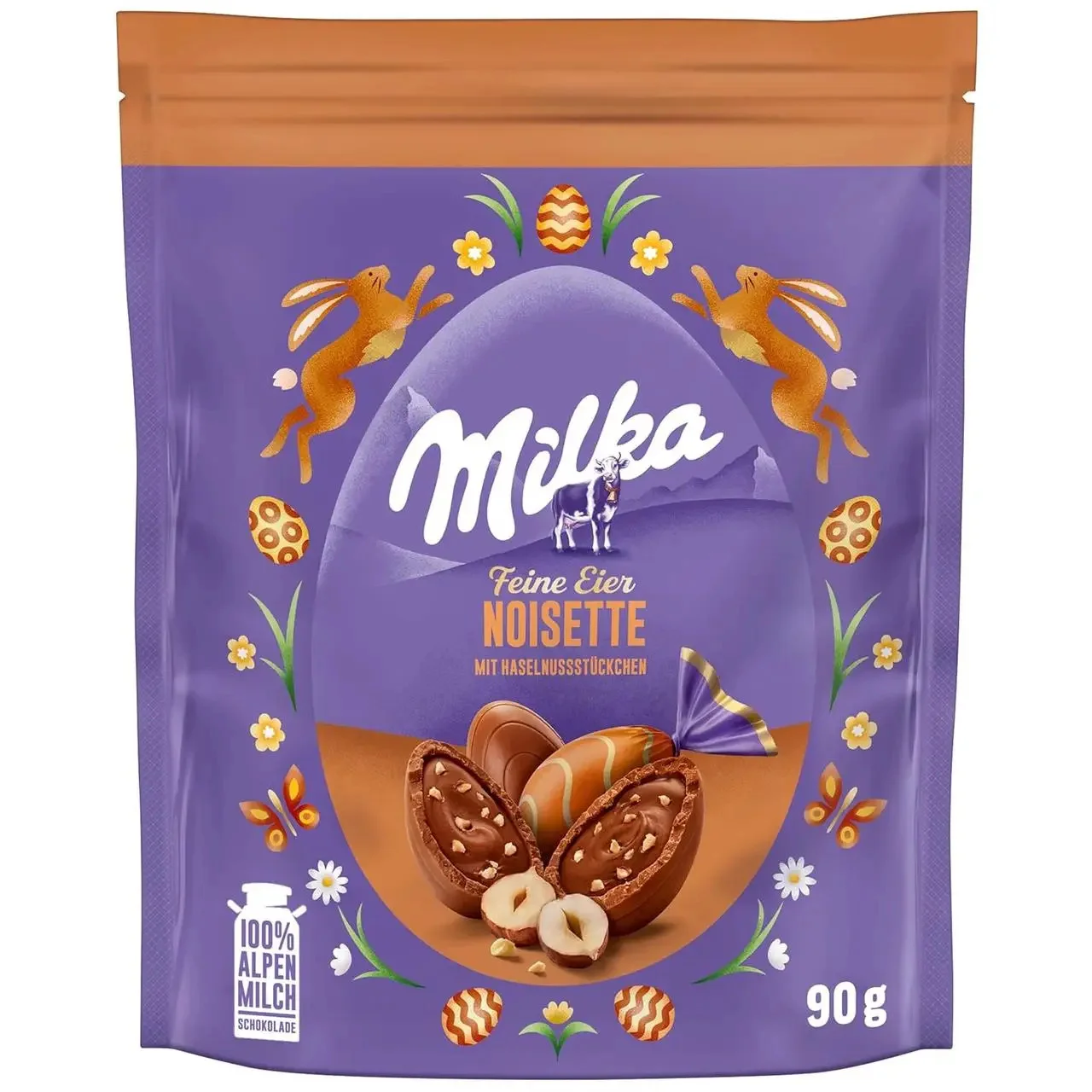 Шоколадні Яйця Великодні Milka Feine Eier Eggs Noisette mit hazelnuss stuckchen Мілка альпійський шоколад з фундуком Пакет 90г