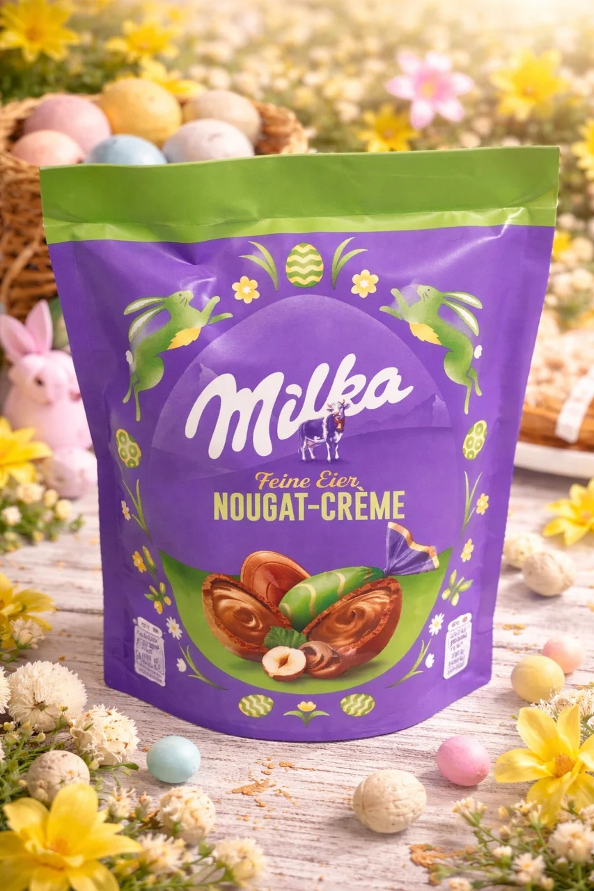Шоколадні Яйця Великодні Milka Feine Eier Eggs Nougat Creme hazelnuss Мілка альпійський шоколад Нуга та фундук Пакет 90г