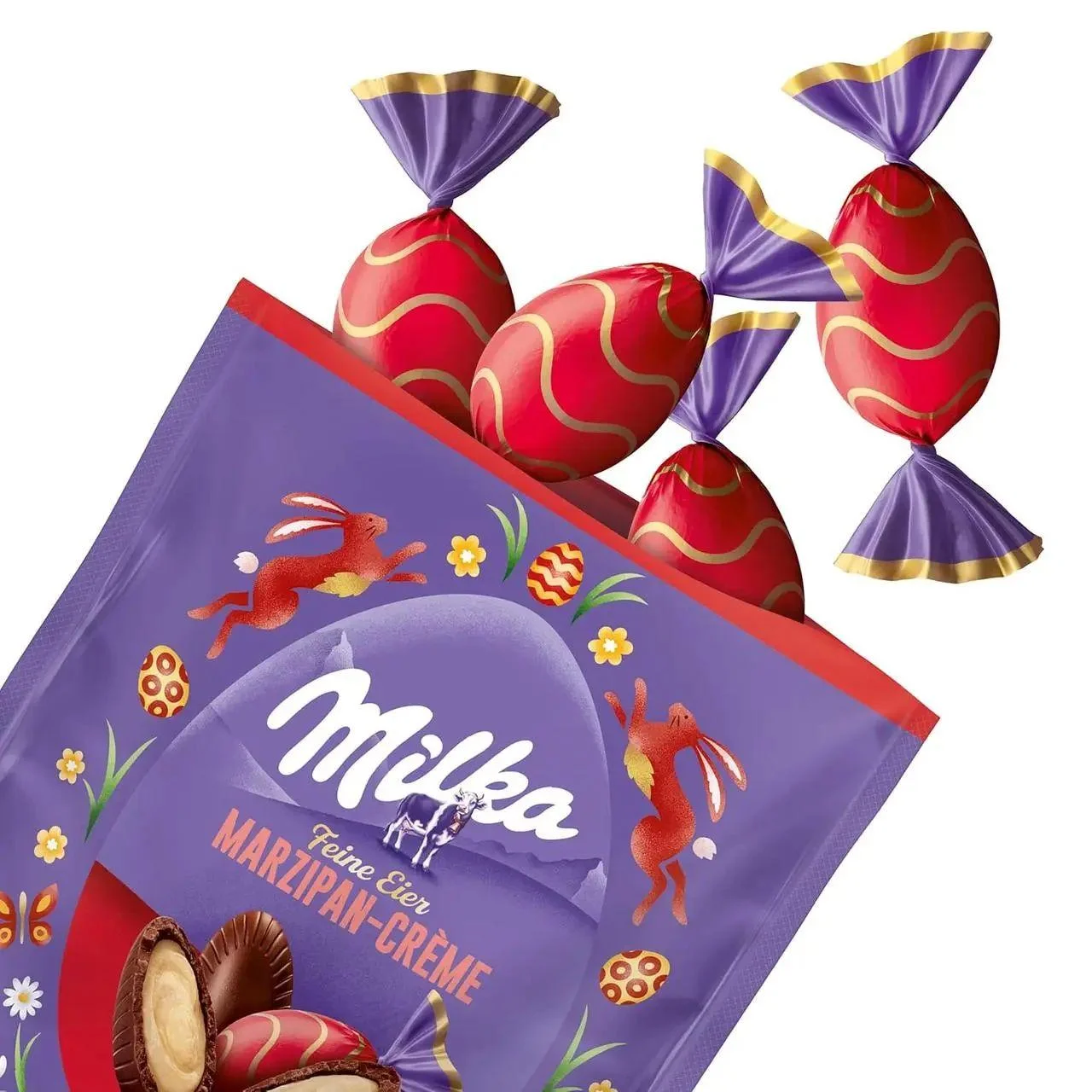 Шоколадні Яйця Великодні Milka Feine Eier Eggs Marzipan Creme Мілка альпійський шоколад марципановий крем з мигдалем Пакет 90г