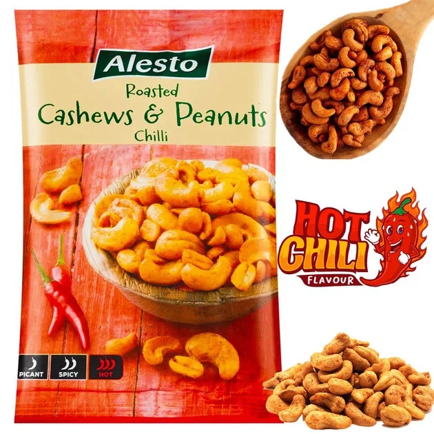 Суміш горіхів Alesto Roasted Hot Chilli Flavour Алесто снеки кешью та арахіс глазуровані Пікантні перець Чілі Пакет 200г