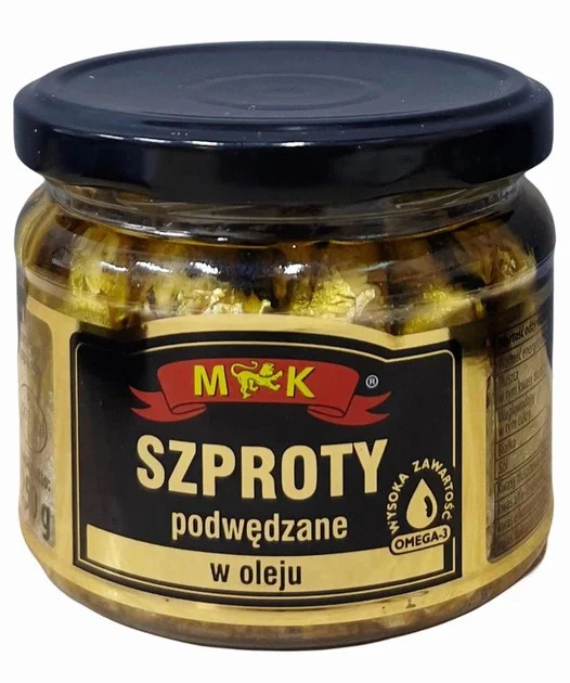 Шпроти в олії M&K Szproty podWedzane w Oleju MK Копчені шпроти без голів скло Баночка Омега3 250г