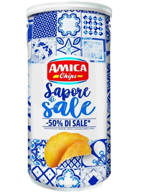 Картопляні Чіпси Amica Chips Sapore di Sale Chips Аміка золотисті з Сіллю мега бокс Тубус з кришкою 325г