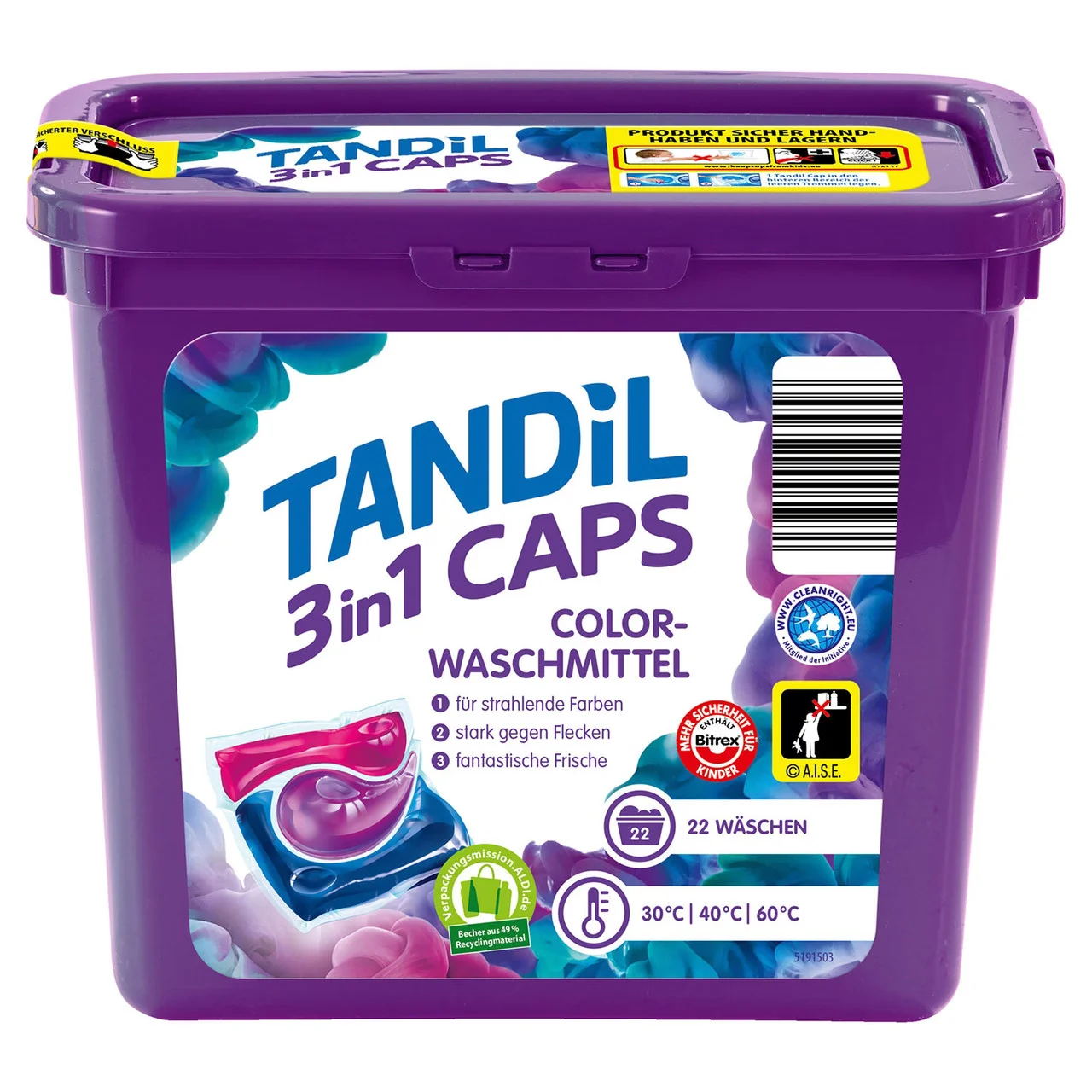 Капсули для прання світлої та Кольорової білизни Tandil Color Waschmittel 3in1 Caps Танділ активні пластиковий Бокс з кришкою 22шт