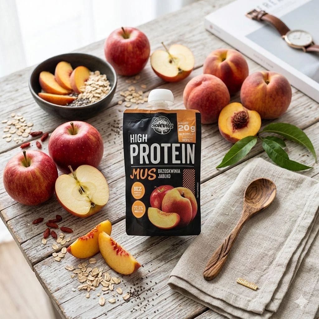 Мус Протеїновий без цукру Solevita High Protein Mus Brzoskwinia jablko Солевіта Енергетичне пюре Білок 20г смак Персик Яблуко 180г