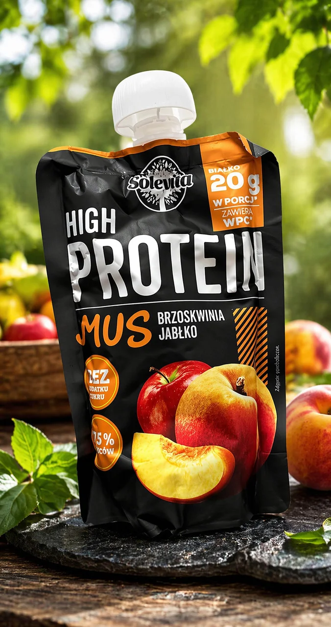 Мус Протеїновий без цукру Solevita High Protein Mus Brzoskwinia jablko Солевіта Енергетичне пюре Білок 20г смак Персик Яблуко 180г