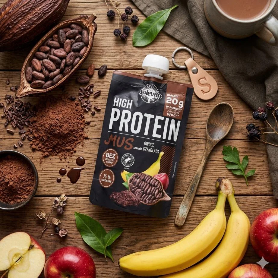 Мус Протеїновий без цукру Solevita High Protein Mus Owoce szekolada Солевіта Енергетичне пюре Білок 20г смак Шоколад Фрукти 180г