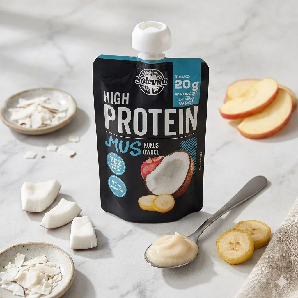 Мус Протеїновий без цукру Solevita High Protein Mus Owoce Kokos Солевіта Енергетичне пюре Білок 20г смак Кокос Фрукти 180г