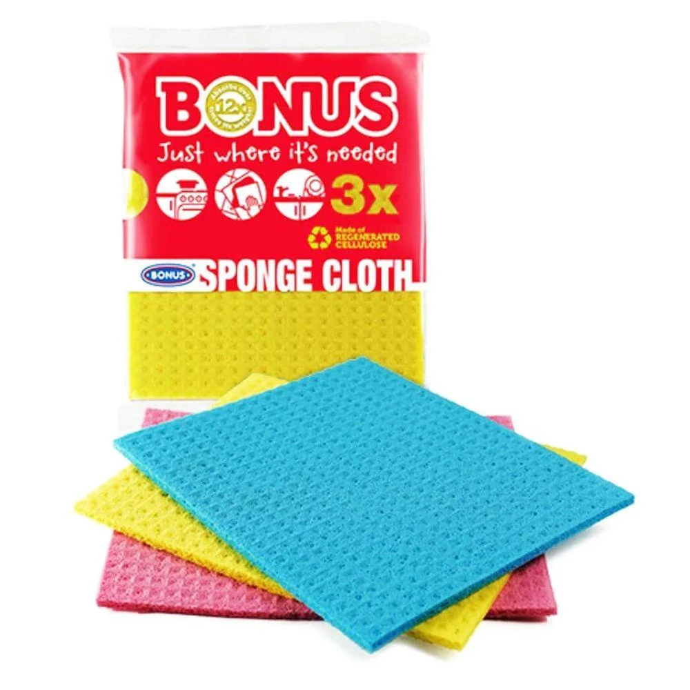 Ганчірка-губка для вологого прибирання Кухні Bonus Sponge Cloth 3x Бонус целюлозно-бавовняні Різнобарвні без аромату Пакет 3шт