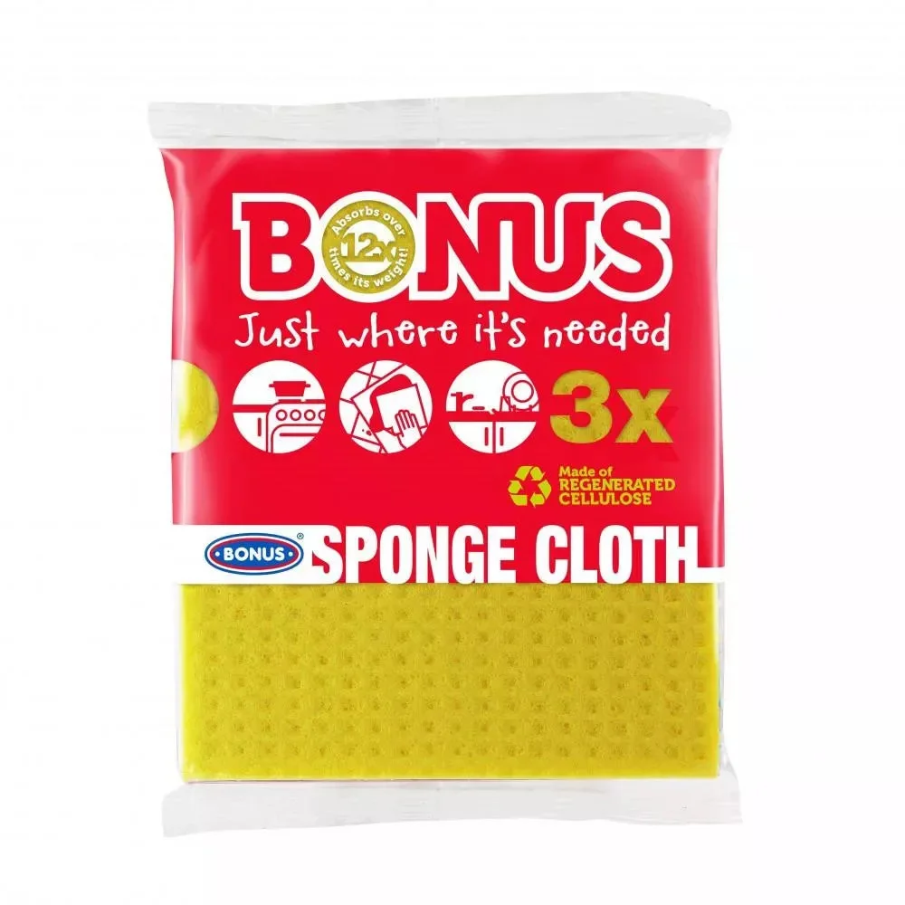 Ганчірка-губка для вологого прибирання Кухні Bonus Sponge Cloth 3x Бонус целюлозно-бавовняні Різнобарвні без аромату Пакет 3шт