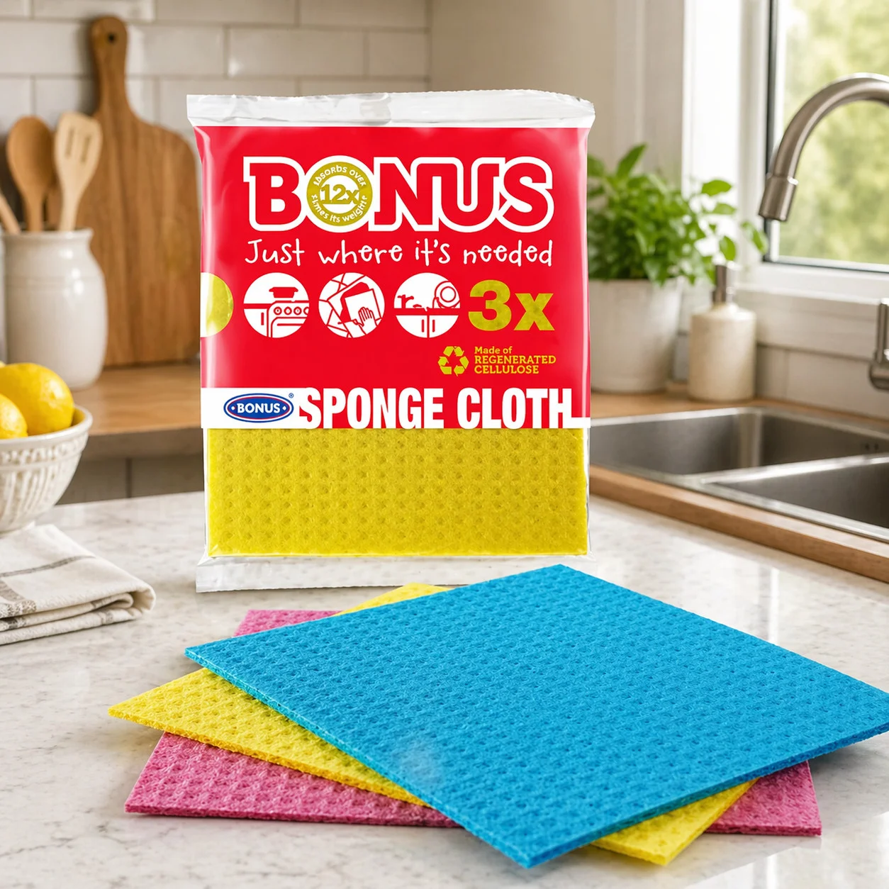 Ганчірка-губка для вологого прибирання Кухні Bonus Sponge Cloth 3x Бонус целюлозно-бавовняні Різнобарвні без аромату Пакет 3шт
