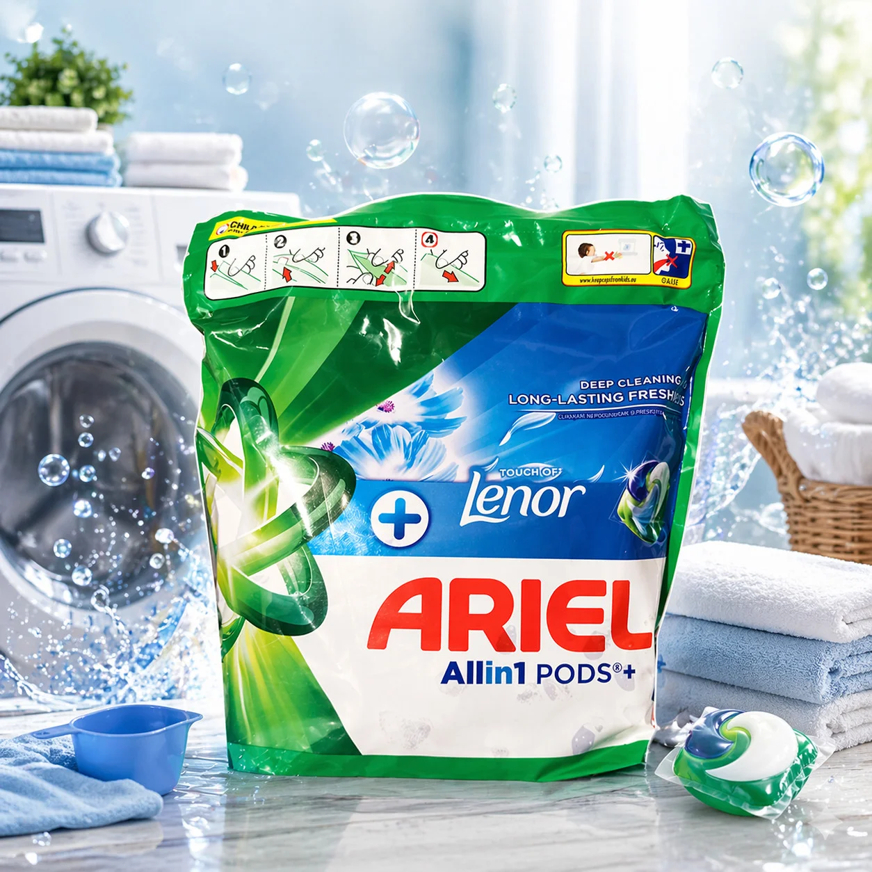 Капсули для прання з Ленор Ariel All in One Pods Touch of Lenor fresh Аріель парфумовані з помякшувачем Пакет 65шт
