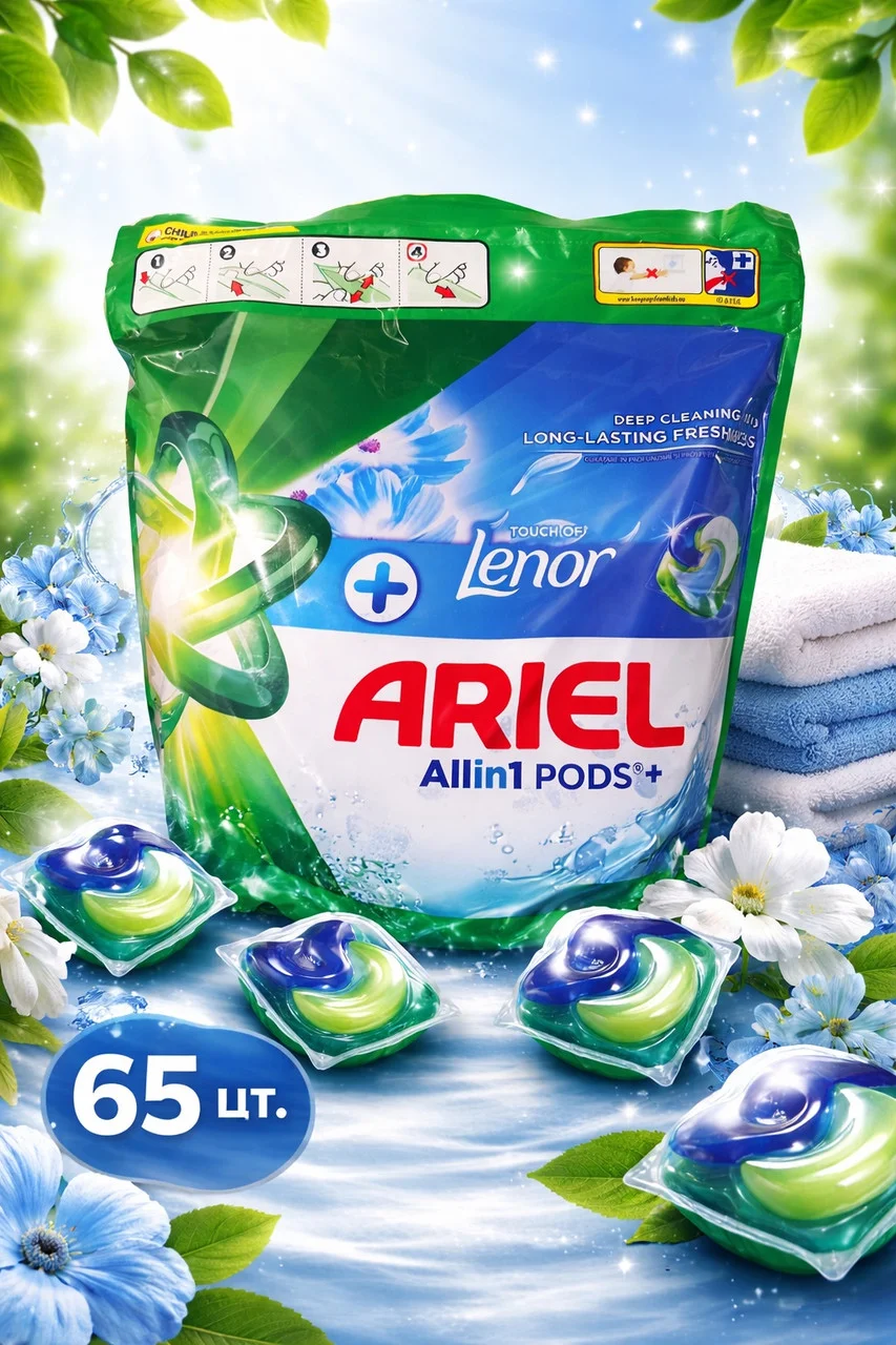 Капсули для прання з Ленор Ariel All in One Pods Touch of Lenor fresh Аріель парфумовані з помякшувачем Пакет 65шт