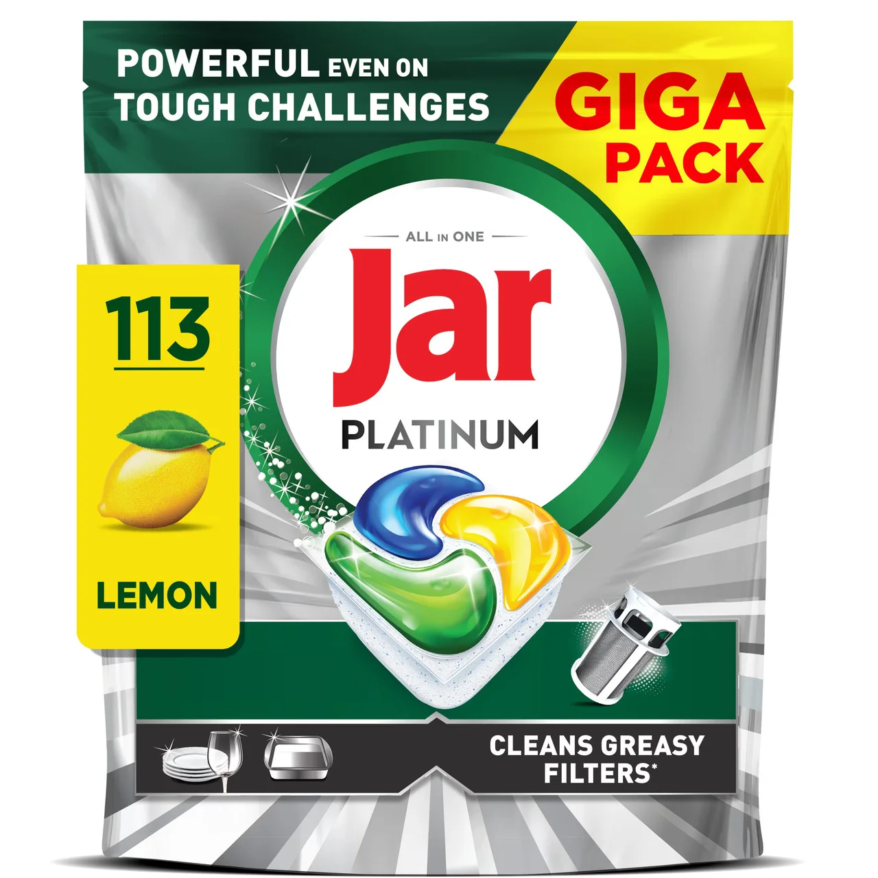 Капсули для посудомийних машин Безфосфатні Jar Platinum All in One Lemon Giga Pack Яр Платінум аромат Лимон Пакет 113шт