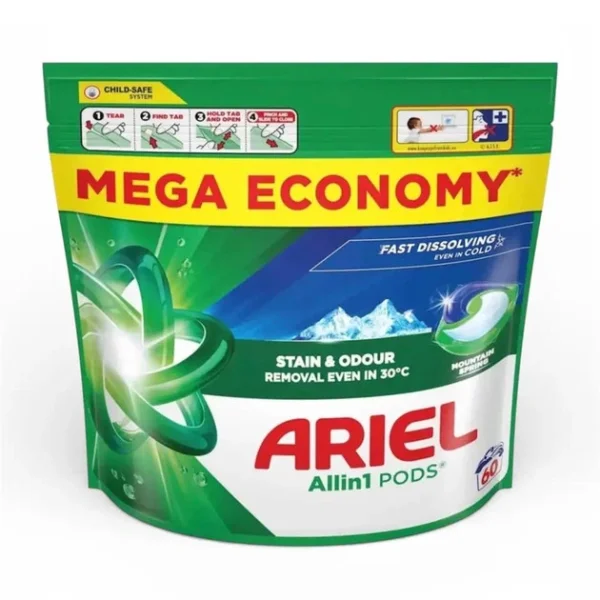 Капсули для прання Універсал Ariel Pods All-in-1 Stain&Odour removal Fast Dissolving Арієль Швидкорозчинні Гірська Свіжість 60шт - 2