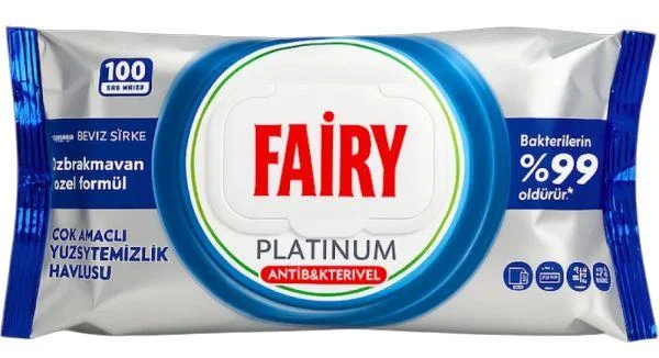 Вологі серветки для прибирання Антибактеріальні Fairy Platimun Antibacterial Фейрі Платінум з Білим оцтом пакет з Клапаном 100шт