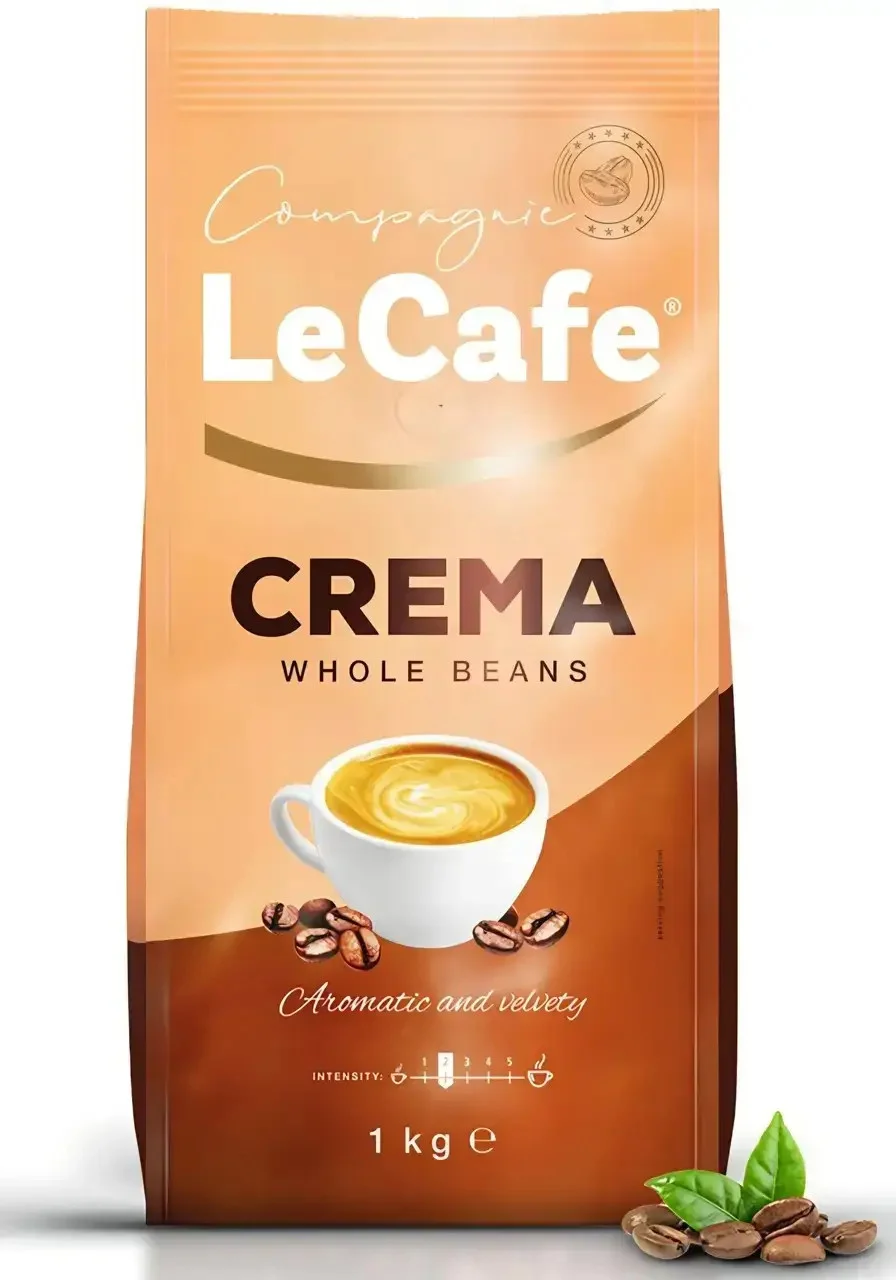 Кава в зернах Le Cafe CREMA Whole Beans Aromatic&Velvety Strongth 2 Ле Кафе Крема Купаж Арабіки збалансований смак Пакет 1000г