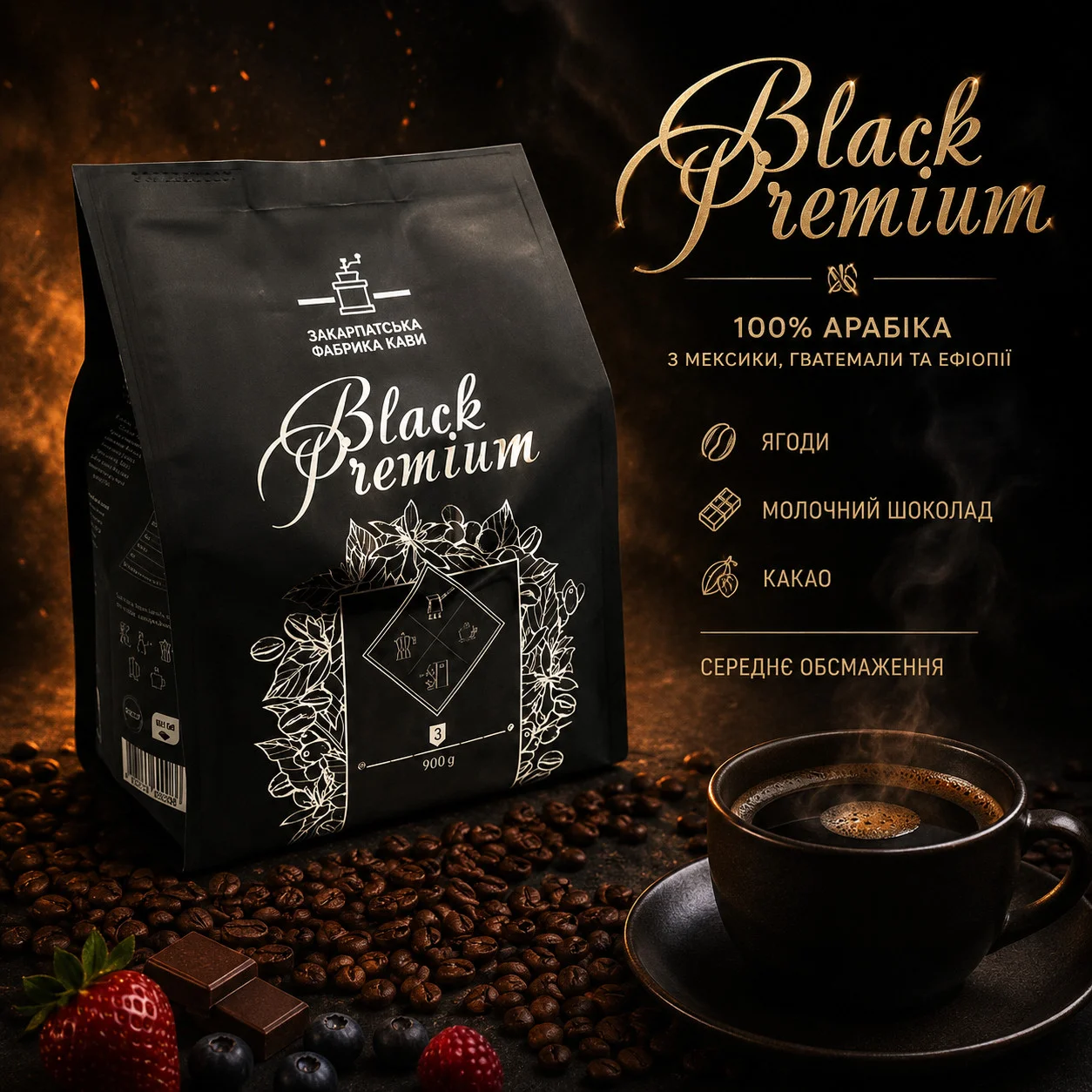 Кава в зернах ZFC Black Premium Whole Beans 100% Arabica Закарпатська фабрика кави блек Преміум арабіка 900г