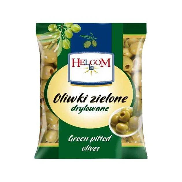 Оливки Зелені без кісточок Helcom Oliwki zielone drylowane Green pitted Olives Хелком мариновані в розсолі Пакет 160г