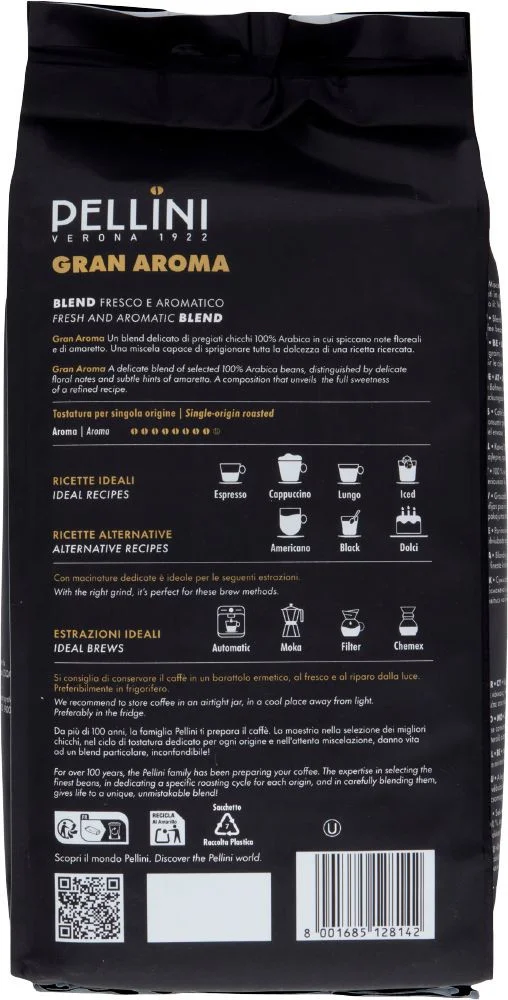 Кава в зернах Pellini Verona Gran Aroma Arabica Blend Fresco Aromatico Пелліні Верона Арома Пакет 1000г