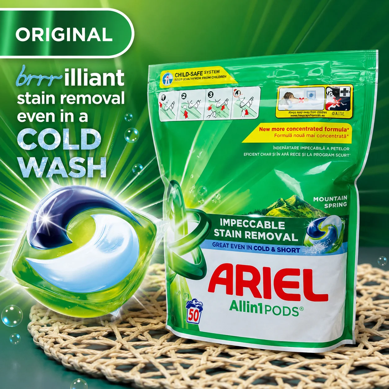 Капсули для прання 4в1 Універсал Ariel Pods All-in-1 Impeccable Stain removal Montain Spring Арієль Бездоганне видалення плям 50шт