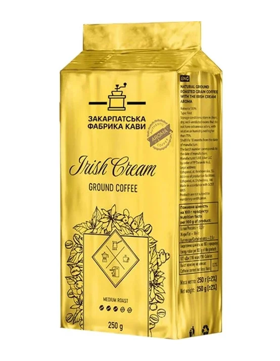 Кава мелена ароматизована ZFC Irish Cream Ground Coffee Medium roast Закарпатська фабрика кави Ірландські вершки Бленд 250г